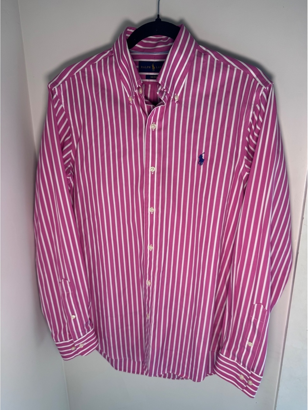 Ralph Lauren Men's Pink and White Striped Button-Up Shirt- Size S